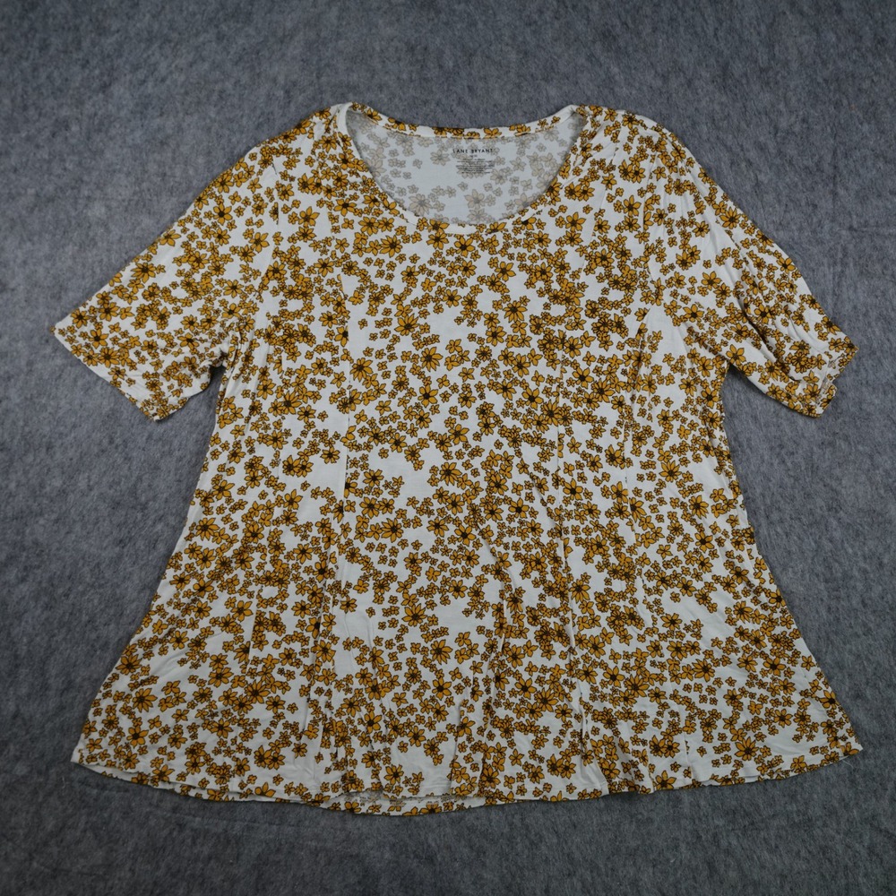 Lane Bryant Top Women 18/20 White Yellow Floral Short Sleeve Stretch Scoop Neck